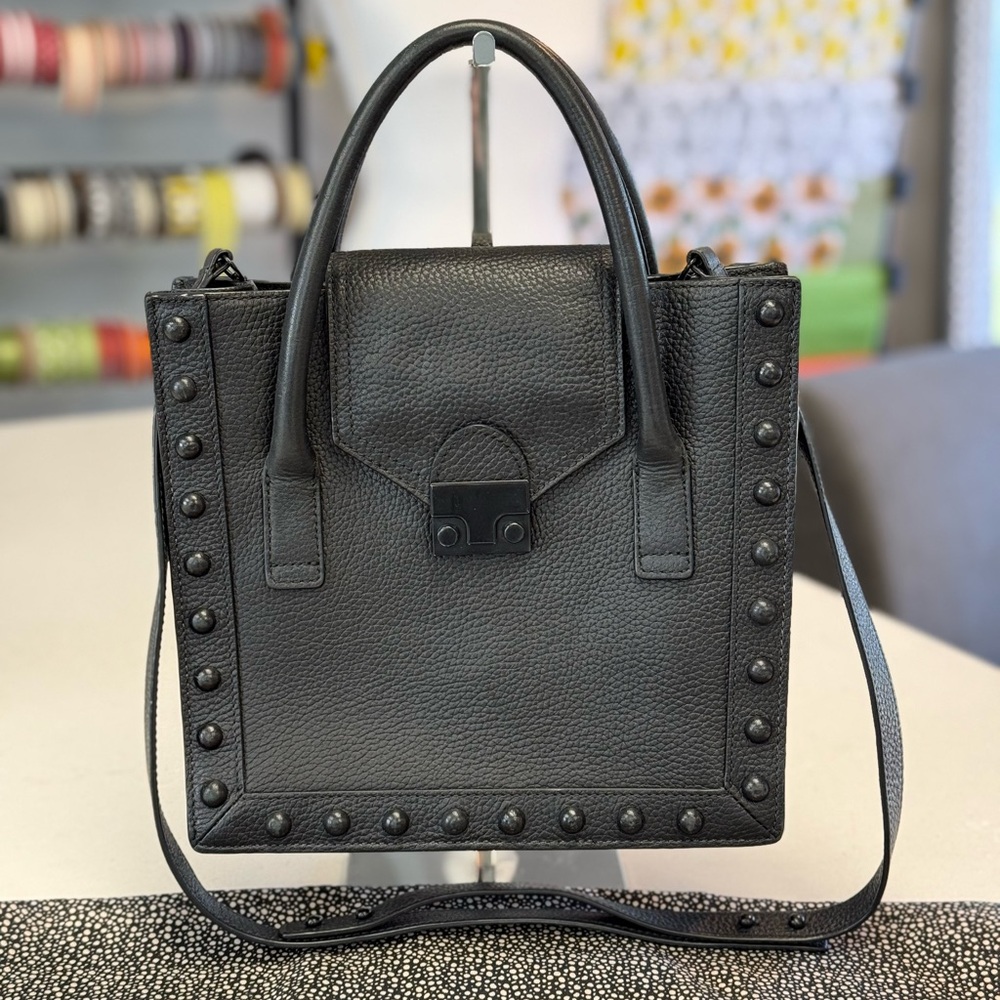 LOEFFLER RANDALL Studded Black Leather Small Tote Bag Handbag Shoulder Strap